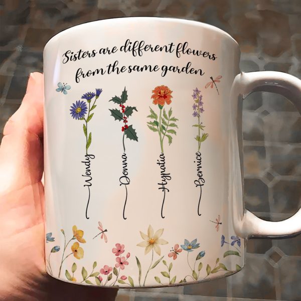 Personalized Sisters Mug with Birth Flowers Ceramic Gift Personalized Sisters Mug with Birth Flowers Ceramic Gift