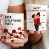 Personalized Valentine's Day Couple Kissing White Ceramic Mug with Birth Flowers, Cute Romantic Gift for Girlfriend or Boyfriend