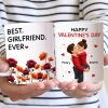 Personalized Valentine's Day Couple Kissing White Ceramic Mug with Birth Flowers, Cute Romantic Gift for Girlfriend or Boyfriend