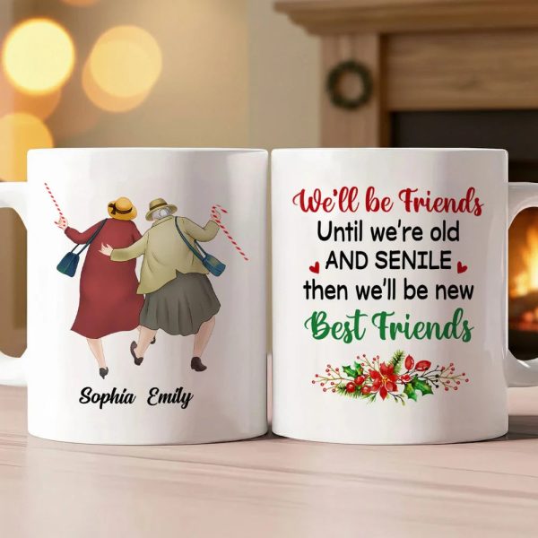 Personalized White Ceramic Mug for Best Friends Cute Senior Ladies Design, Double Sided Print, Unique Thoughtful Gift