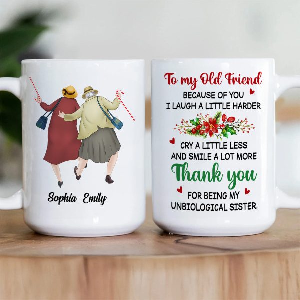 Personalized White Ceramic Mug for Best Friends Cute Senior Ladies Design, Double Sided Print, Unique Thoughtful Gift