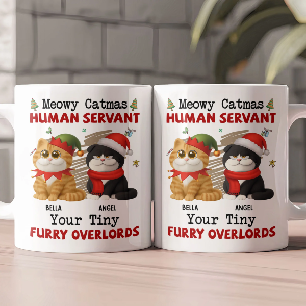Personalized White Ceramic Mug for Cat Lovers Meowy Catmas Tiny Furry Overlords Design Funny Custom Gift for Your Human Servant