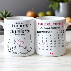 Personalized White Ceramic Mug for Couples with Holding Hands Art, Custom Date, Romantic Keepsake Gift