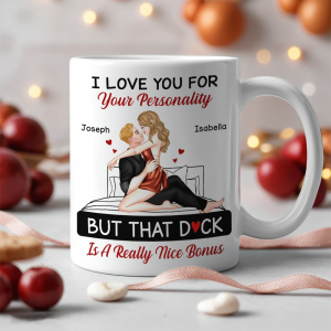 Personalized White Ceramic Mug for Couples with Hugging Bed Scene Fun Romantic Coffee Gift, A Really Nice Bonus Surprise