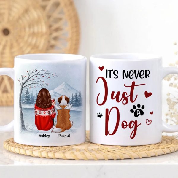 Personalized White Ceramic Mug for Dog Moms with Angel Pup Illustration, Winter Scene, Meaningful Pet Memorial Gift