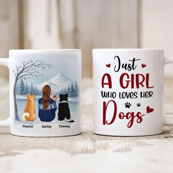 Personalized White Ceramic Mug for Dog Moms with Angel Pup Illustration, Winter Scene, Meaningful Pet Memorial Gift