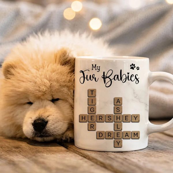 Personalized White Ceramic Mug for Fur Babies Lovers with Crossword Pet Names, Cute Unique Gift for Dog or Cat Mom