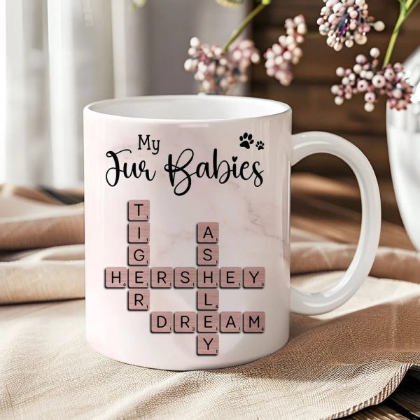 Personalized White Ceramic Mug for Fur Babies Lovers with Crossword Pet Names, Cute Unique Gift for Dog or Cat Mom