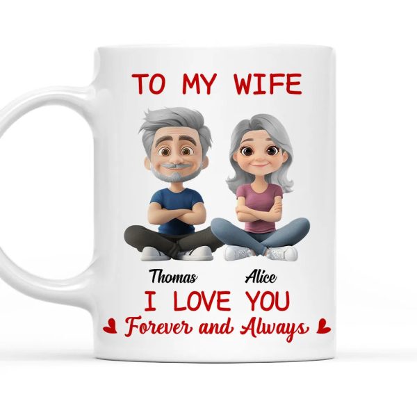 Personalized White Ceramic Mug for Wife, Cute Cartoon Couple Sitting, I Love You Forever and Always Unique Gift