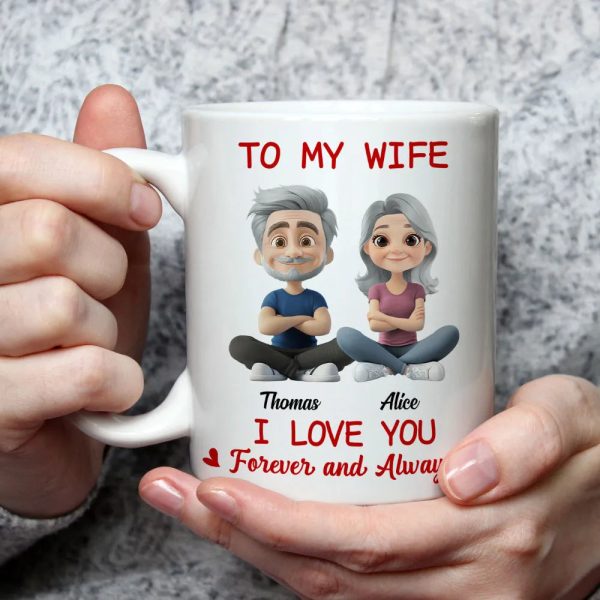 Personalized White Ceramic Mug for Wife, Cute Cartoon Couple Sitting, I Love You Forever and Always Unique Gift
