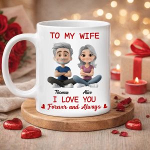 Personalized White Ceramic Mug for Wife, Cute Cartoon Couple Sitting, I Love You Forever and Always Unique Gift