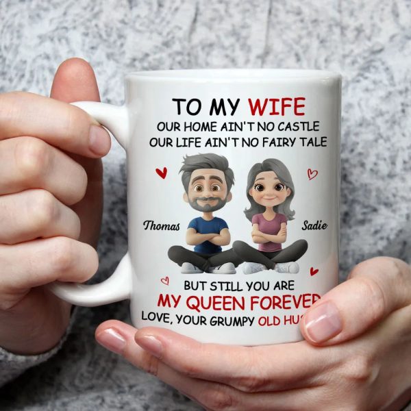 Personalized White Ceramic Mug for Wife from Husband, Cute Cartoon Couple, My Queen Forever, Unique Romantic Gift Personalized White Ceramic Mug for Wife from Husband, Cute Cartoon Couple, My Queen Forever, Unique Romantic Gift