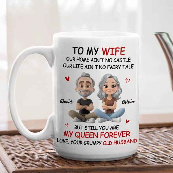 Personalized White Ceramic Mug for Wife from Husband, Cute Cartoon Couple, My Queen Forever, Unique Romantic Gift Personalized White Ceramic Mug for Wife from Husband, Cute Cartoon Couple, My Queen Forever, Unique Romantic Gift
