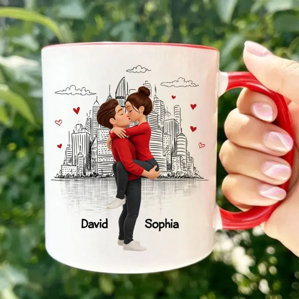 Personalized White Ceramic Mug, Kissing Couple City Sketch for Valentine's Day, Unique Romantic Gift for Girlfriend or Wife