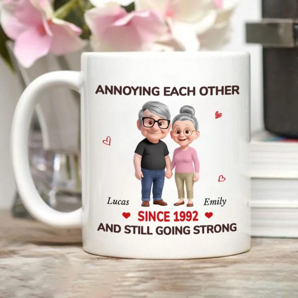 Personalized White Ceramic Mug with Cute Couple Cartoon and Hearts, Funny 'Annoying Each Other' Unique Gift for Couples