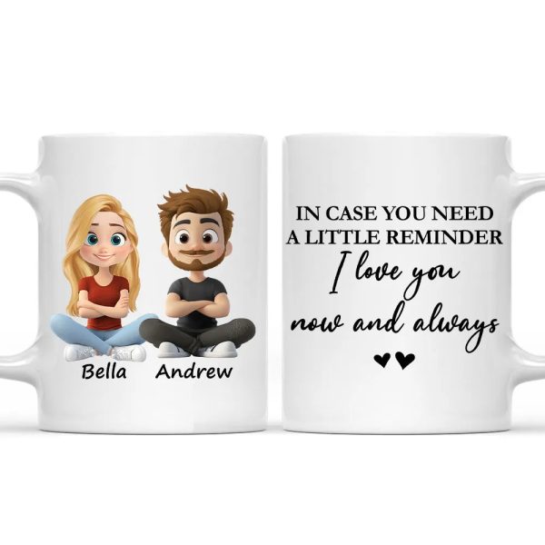 Personalized White Ceramic Mug With Cute Couple Cartoon and I love you now and always - Unique Gift for Girlfriend or Wife