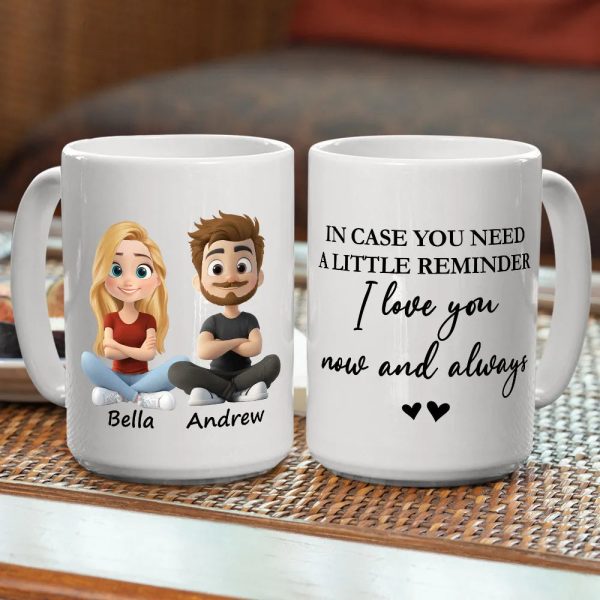 Personalized White Ceramic Mug With Cute Couple Cartoon and I love you now and always - Unique Gift for Girlfriend or Wife