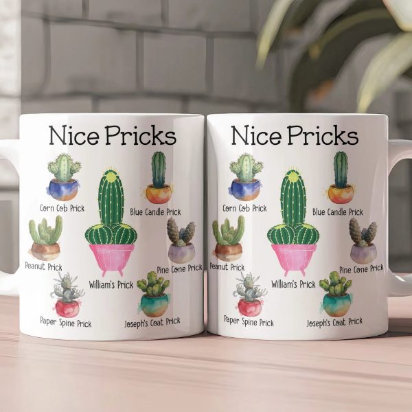 Personalized White Ceramic Mug with Funny Cactus Nice Pricks Design, Unique Gift for Husband or Boyfriend, Fun Naughty Coffee Gift Personalized White Ceramic Mug with Funny Cactus Nice Pricks Design, Unique Gift for Husband or Boyfriend, Fun Naughty Coffee Gift