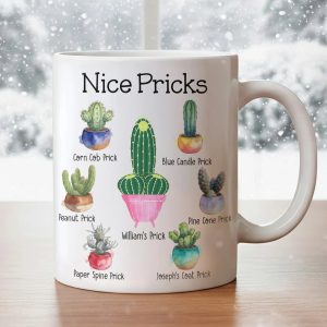 Personalized White Ceramic Mug with Funny Cactus Nice Pricks Design, Unique Gift for Husband or Boyfriend, Fun Naughty Coffee Gift