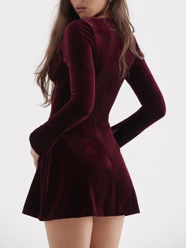 Pin Tuck V Neck Long Sleeve A-line Mini Dress Pin Tuck V Neck Long Sleeve A-line Mini Dress