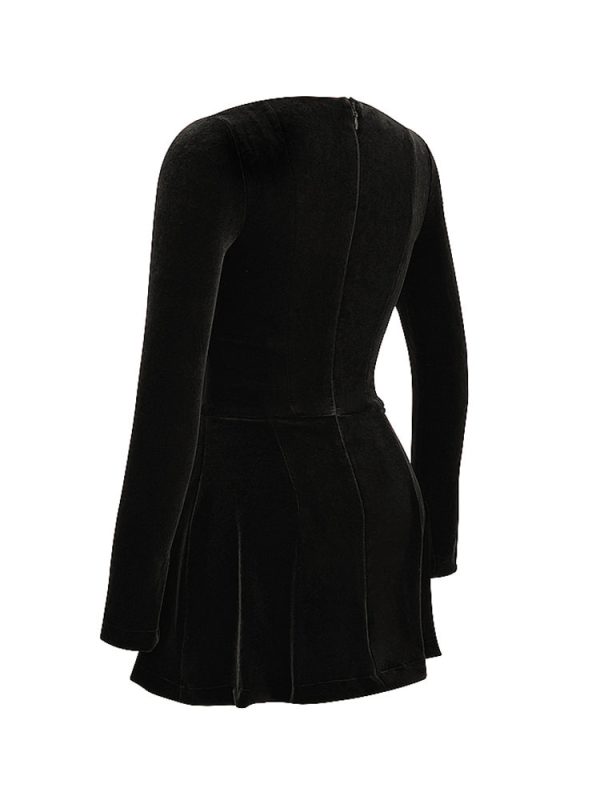 Pin Tuck V Neck Long Sleeve A-line Mini Dress Pin Tuck V Neck Long Sleeve A-line Mini Dress