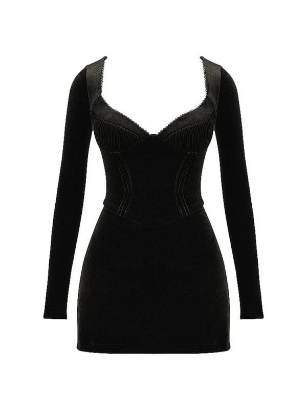 Pin Tuck V Neck Long Sleeve A-line Mini Dress Pin Tuck V Neck Long Sleeve A-line Mini Dress
