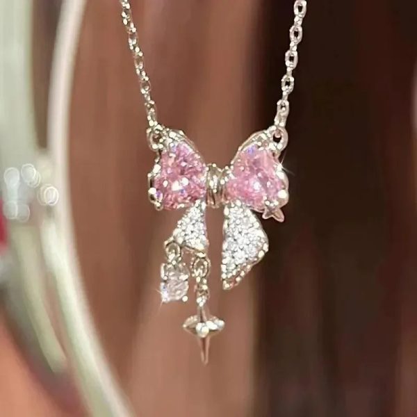Pink Crystal Bow Pendant Necklace for Women Pink Crystal Bow Pendant Necklace for Women