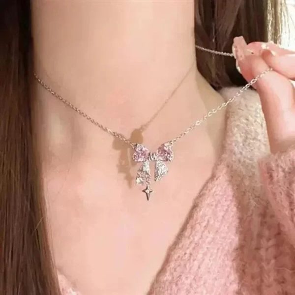 Pink Crystal Bow Pendant Necklace for Women Pink Crystal Bow Pendant Necklace for Women