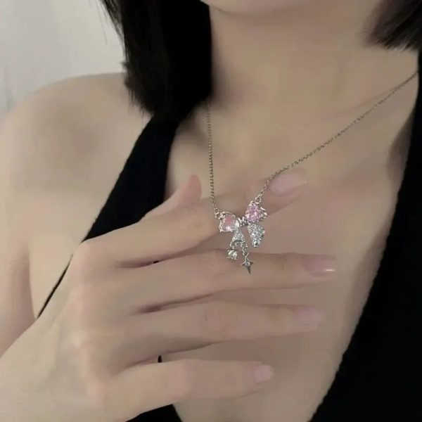 Pink Crystal Bow Pendant Necklace for Women Pink Crystal Bow Pendant Necklace for Women