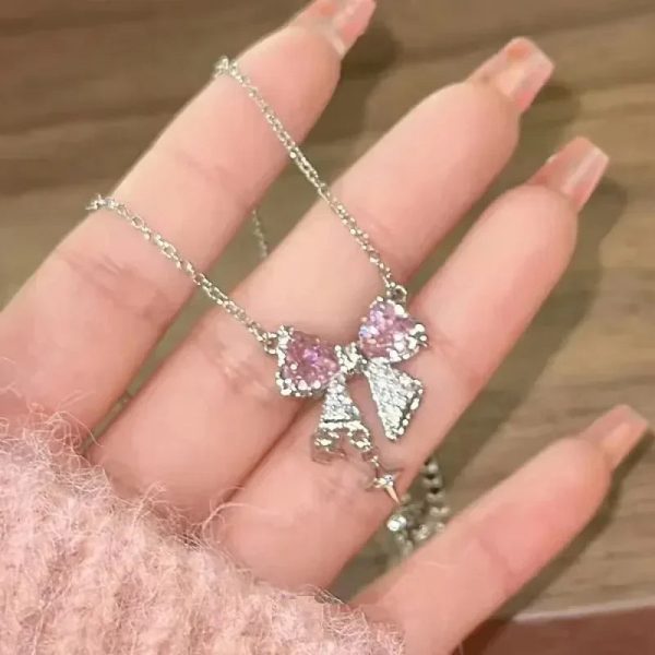 Pink Crystal Bow Pendant Necklace for Women Pink Crystal Bow Pendant Necklace for Women