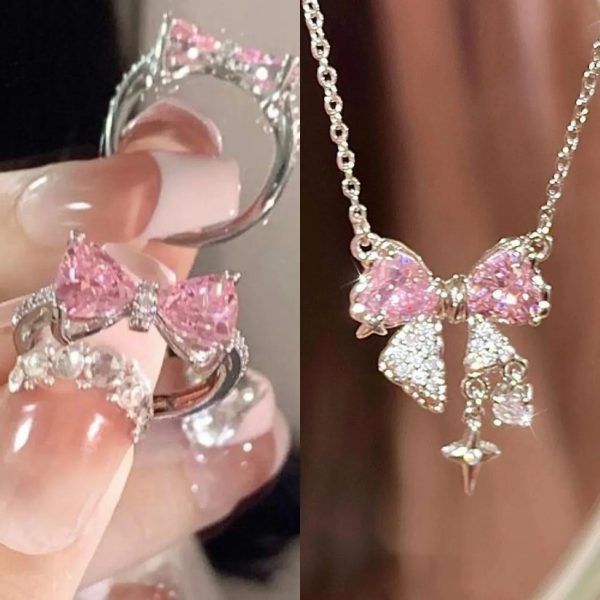 Pink Crystal Bow Pendant Necklace for Women Pink Crystal Bow Pendant Necklace for Women