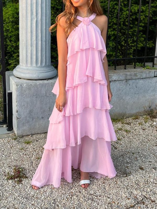 Pink Halter Ruffled Layered Maxi Dress Pink Halter Ruffled Layered Maxi Dress