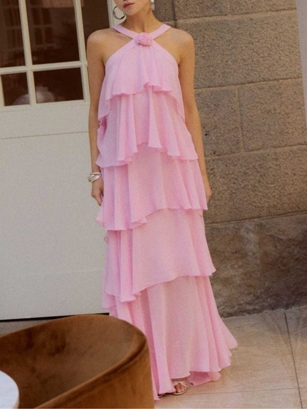 Pink Halter Ruffled Layered Maxi Dress Pink Halter Ruffled Layered Maxi Dress