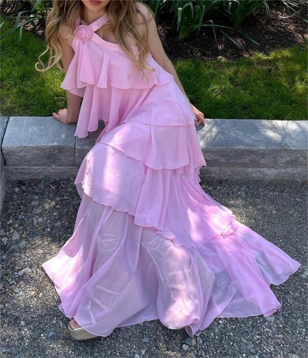 Pink Halter Ruffled Layered Maxi Dress Pink Halter Ruffled Layered Maxi Dress