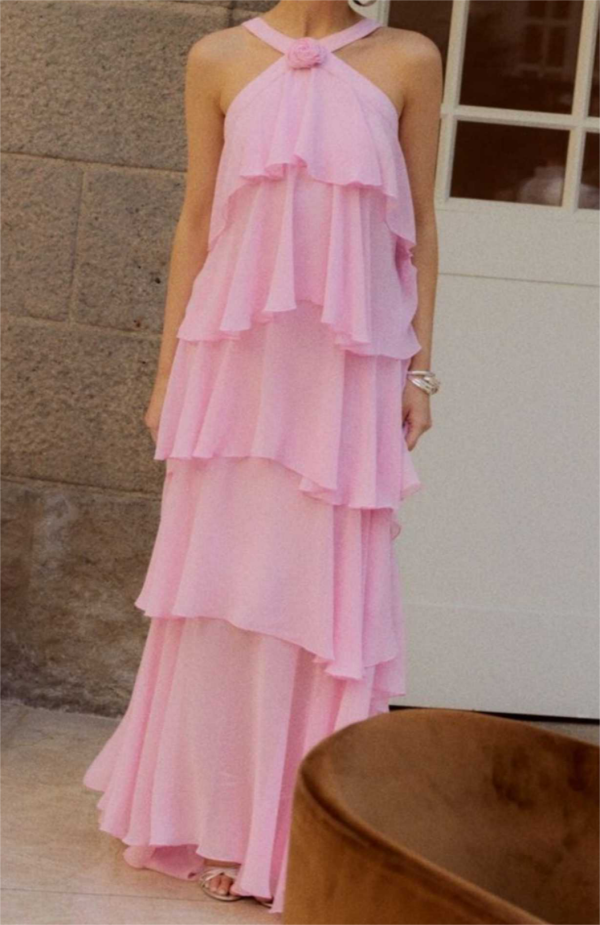 Pink Halter Ruffled Layered Maxi Dress Pink Halter Ruffled Layered Maxi Dress