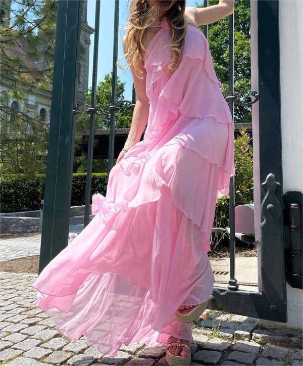 Pink Halter Ruffled Layered Maxi Dress Pink Halter Ruffled Layered Maxi Dress