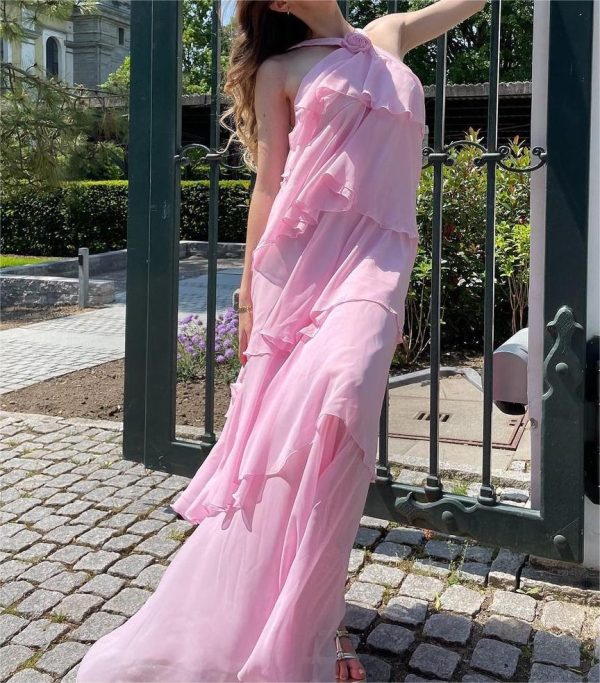 Pink Halter Ruffled Layered Maxi Dress Pink Halter Ruffled Layered Maxi Dress