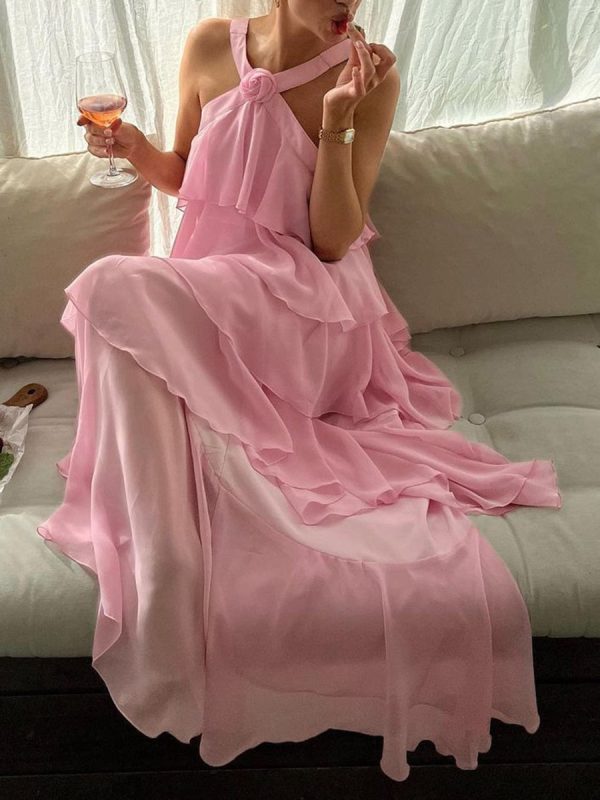 Pink Halter Ruffled Layered Maxi Dress Pink Halter Ruffled Layered Maxi Dress