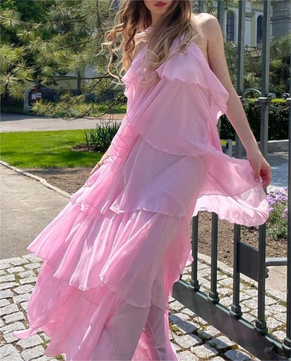 Pink Halter Ruffled Layered Maxi Dress Pink Halter Ruffled Layered Maxi Dress