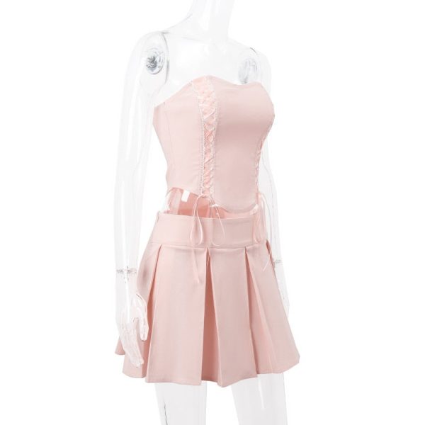 Pink Lace Up Corset And Pleated Mini Skirt Set