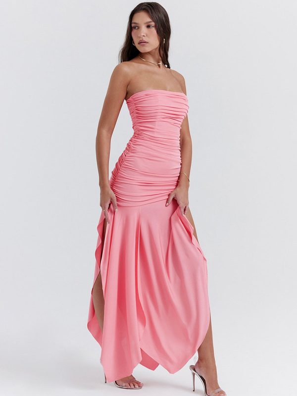 Pink Ruched Frill Tube Midi Dress