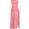 Pink Ruched Frill Tube Midi Dress