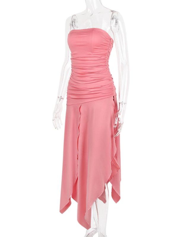 Pink Ruched Frill Tube Midi Dress