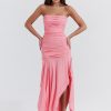 Pink Ruched Frill Tube Midi Dress