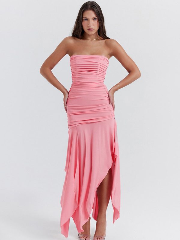 Pink Ruched Frill Tube Midi Dress