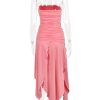 Pink Ruched Frill Tube Midi Dress