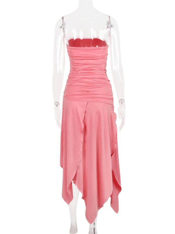 Pink Ruched Frill Tube Midi Dress