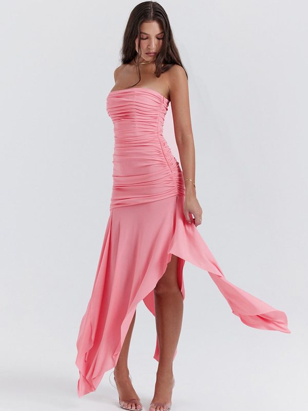 Pink Ruched Frill Tube Midi Dress