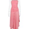 Pink Ruched Frill Tube Midi Dress