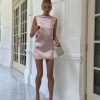 Pink Satin Backless Bow Mini Dress